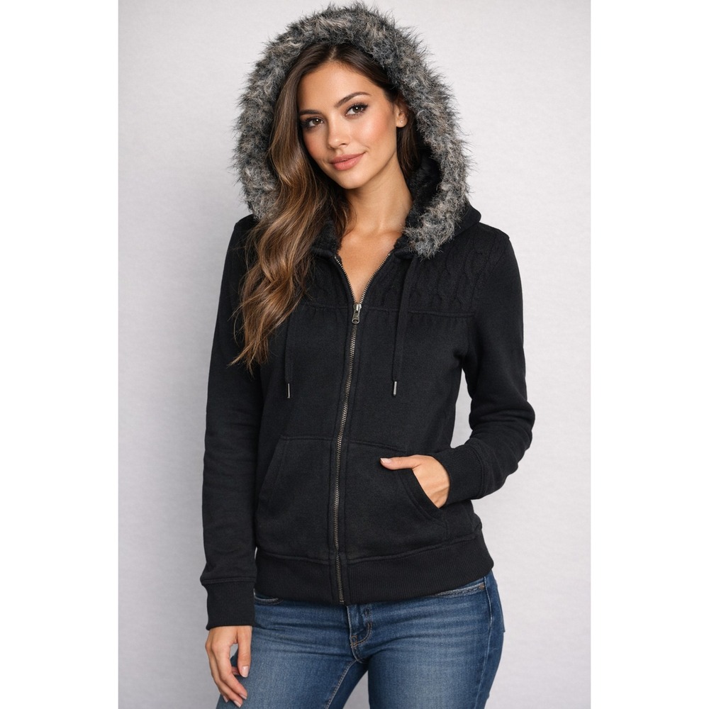Green Tea Womens Black Faux Fur Lined Hoodie Sweater L Cable Knit Full‎ Zip